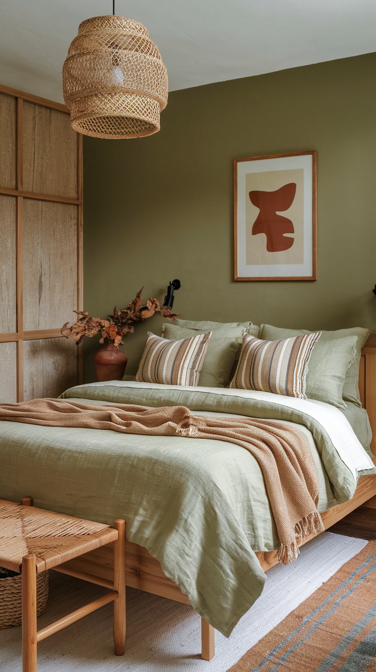 A cozy olive-green bedroom with natural wooden furniture and terracotta accents. The bed is layered with creamy linen bedding  with striped throw pillows in olive and earthy tones. A framed abstract artwork hangs above bed and a woven pendant light hangs from the ceiling, adding a boho touch.