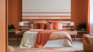 A modern orange bedroom with a terracotta and cream color scheme, featuring a bed with layered pillows and throws, two bedside tables with lamps, plants, and a striped wall accent behind the bed.
