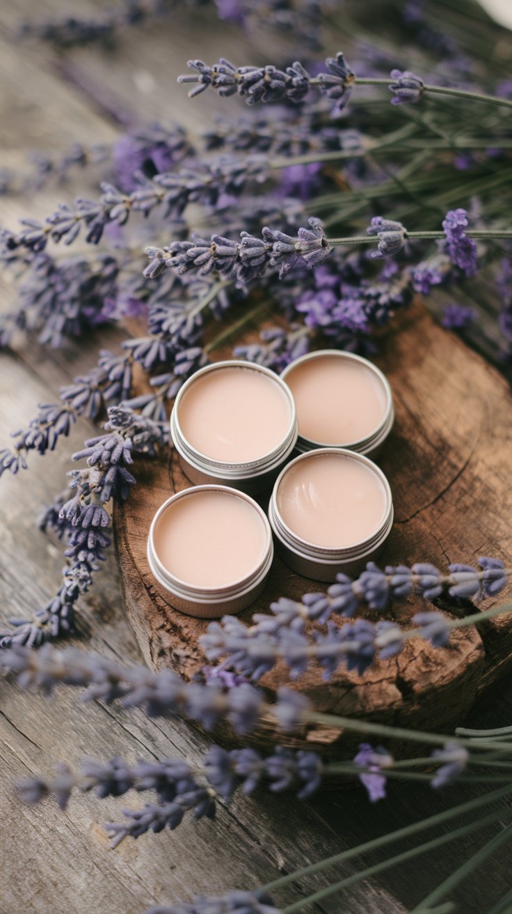  A flat lay of small tins filled with creamy homemade lip balm with a light pink tint, surrounded by sprigs of lavender on a rustic wooden surface.