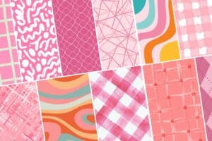 Colorful collage of ten abstract and geometric patterns in pink, peach, orange, and teal hues—perfect as pink wallpaper. Includes squiggles, grids, wavy lines, checks, and intersecting shapes. Each pattern has a unique design and layout.