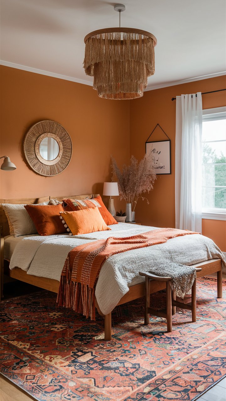 A cozy bedroom with a deep pumpkin-colored painted walls. Neutral bedding in warm orange and brown hues adds a rustic feel, while a reclaimed wood headboard and a vintage style rug complete the look. Wrought iron lamps bring a vintage-inspired finishing touch.

Rust Bedroom, orange bedroom decor, orange bedroom walls, Rust comforter and bedding,
Master Bedrooms Decor Rust Color, Moody Burnt Orange Bedroom, Dusky Orange Bedroom, Rust Orange Bedroom, Rust Colored Bedroom