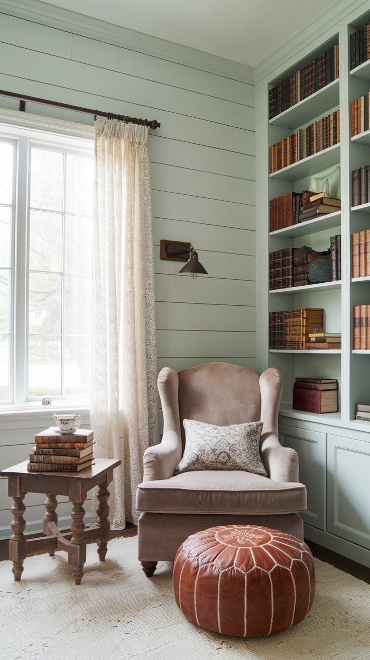 A cozy nook with a plush armchair and a rustic looking leather ottoman, sitting by a window with lace curtains. A small wooden side table holds a stack of vintage books and a teacup. The shiplap walls are painted in a soft pale blue, with a large bookshelf filled with literary treasures.