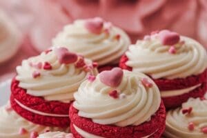 Red velvet cookies topped with swirls of white frosting and decorated with pink and red heart-shaped sprinkles are beautifully arranged on a pink background.