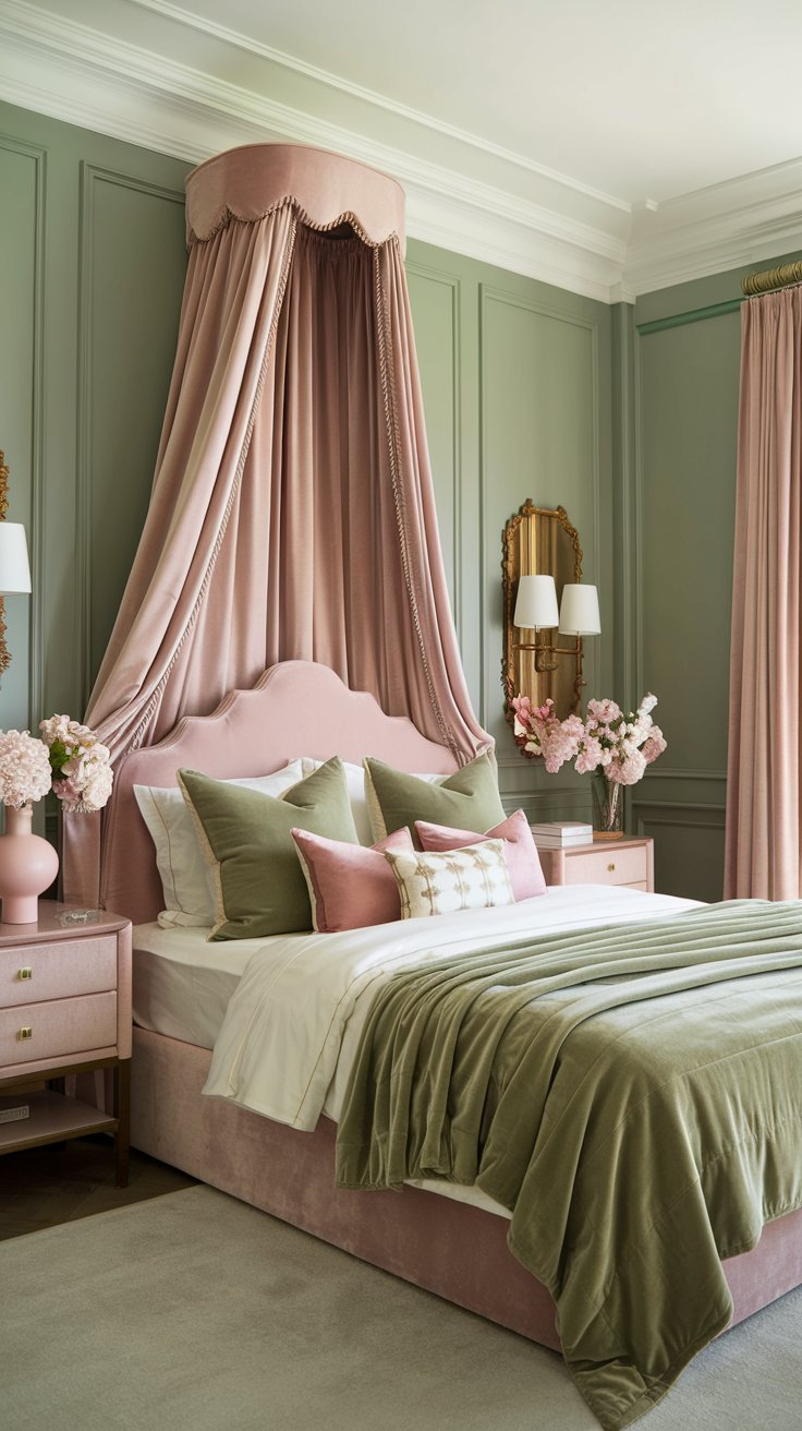 A dreamy bedroom featuring sage green walls paired with blush pink curtains and pillows. A velvet sage throw rests at the foot of the bed, while gold sconces and a white vase add elegant accents to the nightstands. Feminine yet refined space.