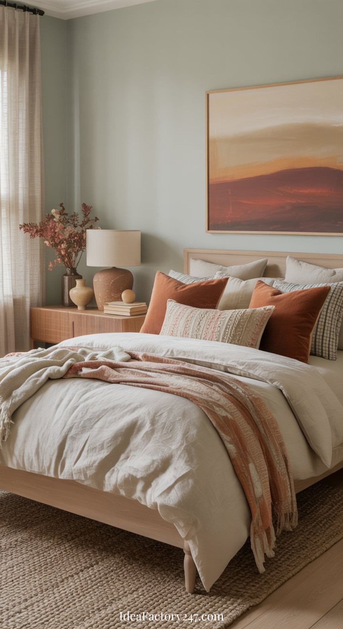 A cozy sage green bedroom with a neatly made bed featuring white and rust-colored pillows and throws, a wooden nightstand with decorative items, neutral walls, a large abstract painting, and soft natural light.
