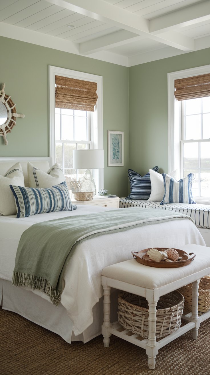 A coastal-inspired bedroom with sage green walls and whitewashed furniture. The bed features layered white linens with a sage throw and blue-striped cushions. Seashells sit on a small wooden tray, and woven baskets add texture beneath a breezy window.