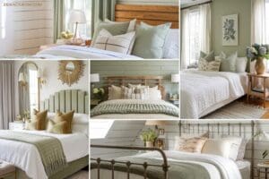 A collage of cozy bedrooms featuring sage green and neutral tones, with wooden accents, plush bedding, decorative pillows, and natural light streaming through windows.