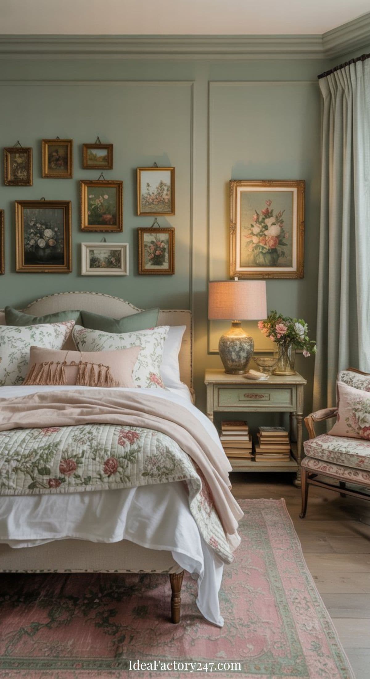 A cozy sage green bedroom with floral bedding, a vintage-style armchair, side table with books and lamp, pastel walls, and a gallery of framed art above the bed. Soft natural light filters through curtained windows.