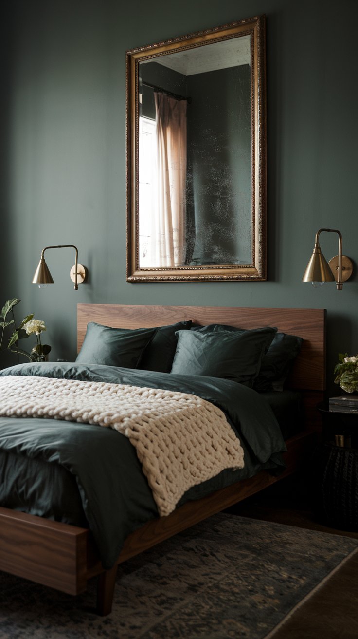 A moody bedroom with dark sage green walls and a walnut-stained wooden bed frame. Brass sconces flank the bed, which is layered with deep green bedding and a chunky knit throw. A large, ornate gold-framed mirror hangs above, reflecting soft lighting.