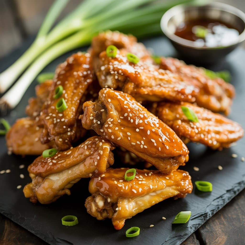 A pile of glazed chicken wings garnished with sesame seeds and sliced green onions, served on a black slate plate with a bowl of dipping sauce—perfect for adding to your list of flavorful crockpot appetizer recipes.