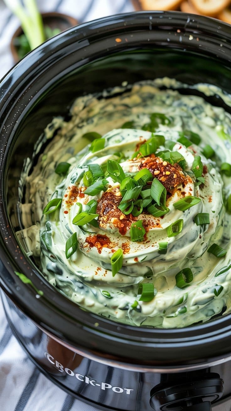 A creamy spinach dip topped with chopped green onions and spices sits in a black Crock-Pot, making it a standout among crockpot appetizer recipes and ready to serve.