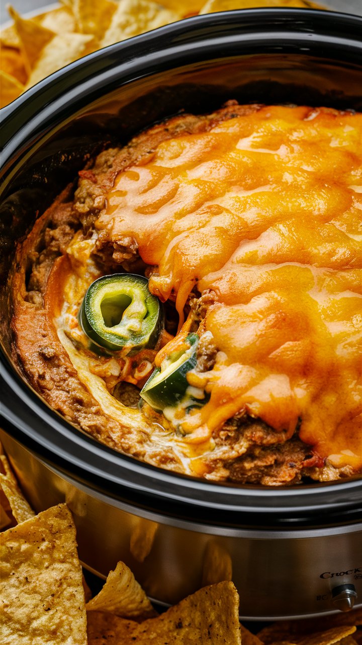 A crockpot of creamy jalapeño popper dip, topped with melted cheddar cheese and served with crispy tortilla chips.