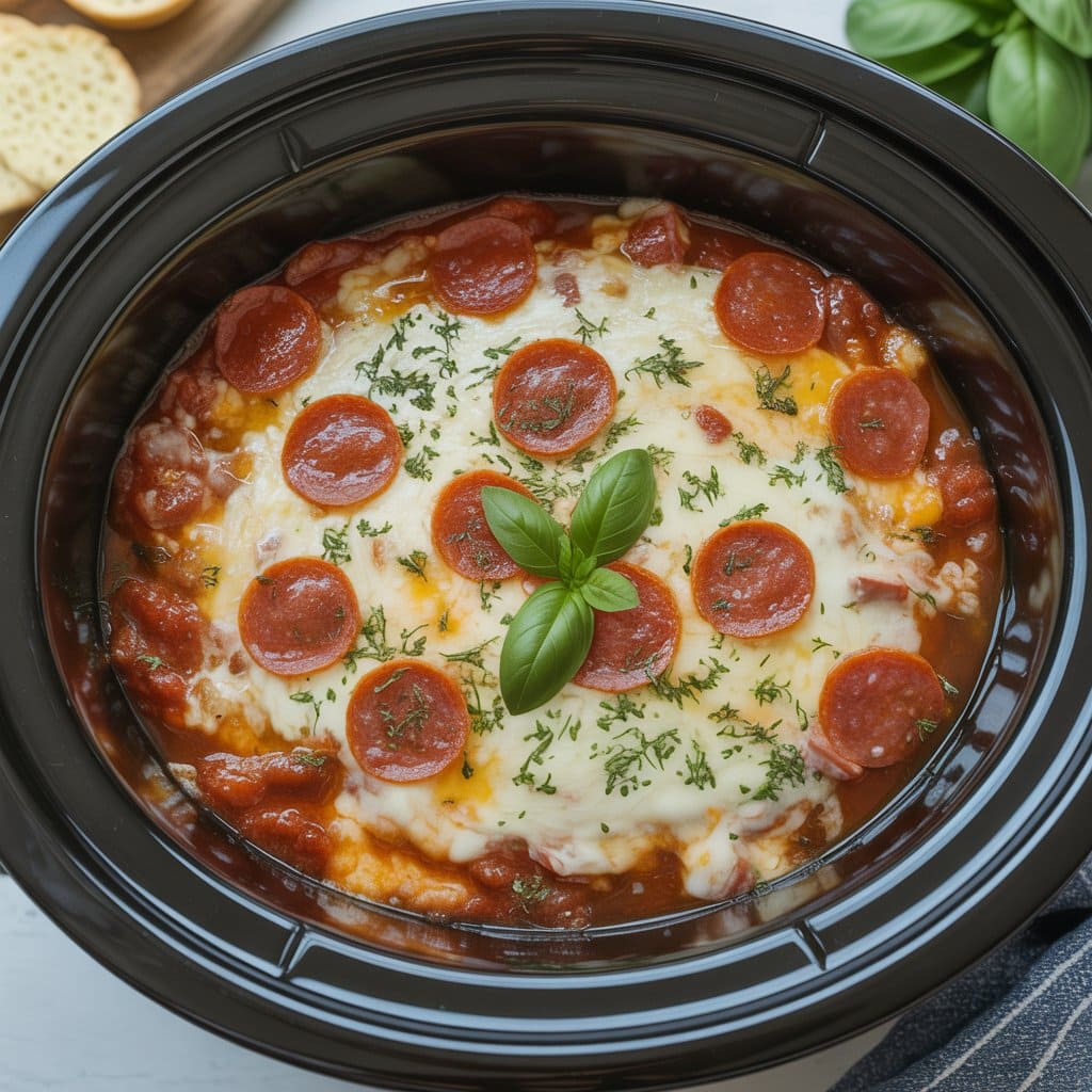 A crockpot appetizer recipe featuring a slow cooker filled with hot, cheesy pizza dip, topped with melted mozzarella, pepperoni slices, tomato sauce, herbs, and fresh basil. Crackers and basil leaves sit nearby for easy dipping.