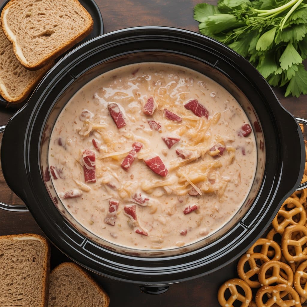 A crockpot appetizer recipe, this slow cooker Reuben dip features creamy corned beef and sauerkraut, surrounded by rye bread slices, pretzels, and fresh parsley on a dark wooden table.
