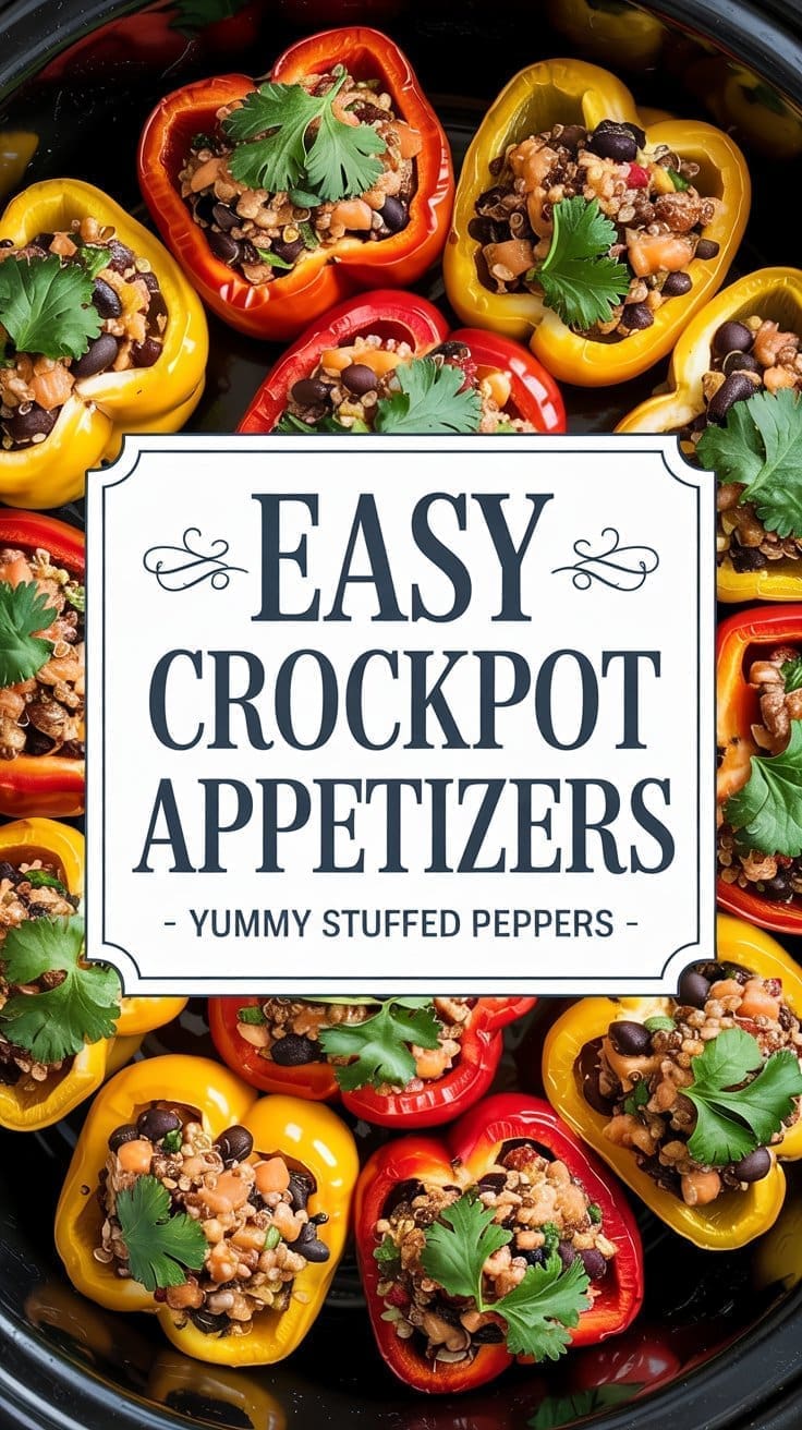 Colorful bell peppers stuffed with beans, corn, quinoa, and herbs are arranged in a crockpot. A central label reads “Easy Crockpot Appetizers – Yummy Stuffed Peppers,” perfect for anyone seeking tasty crockpot appetizer recipes.