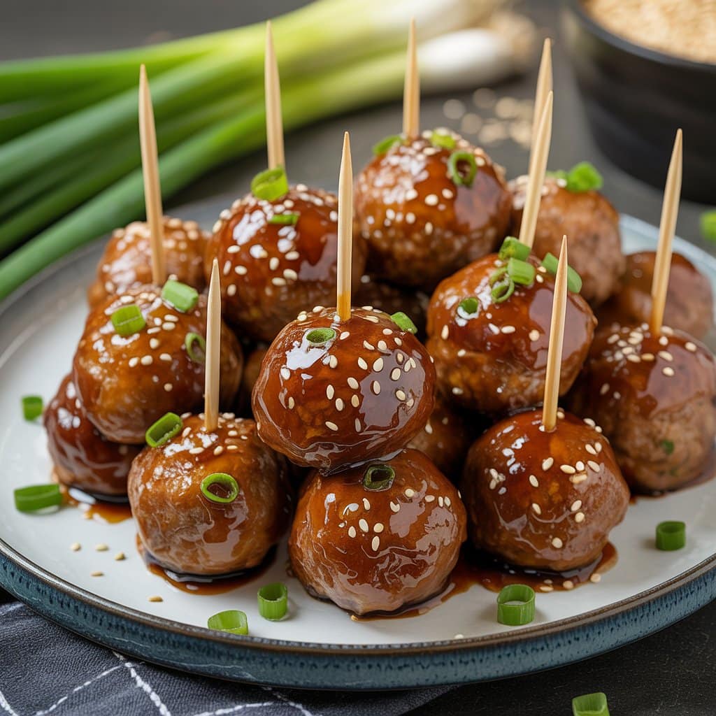 A plate of glazed meatballs, perfect for crockpot appetizer recipes, garnished with sesame seeds and chopped green onions—each skewered with a toothpick; green onions and a bowl of rice appear in the background.