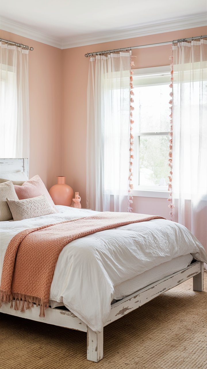 A light, airy bedroom with soft peach walls, complemented by white bedding and pastel accents. A whitewashed wooden bed frame anchors the space, while delicate sheer curtains allow natural light to flood the room. A peach vase and blush throw pillows add subtle charm.