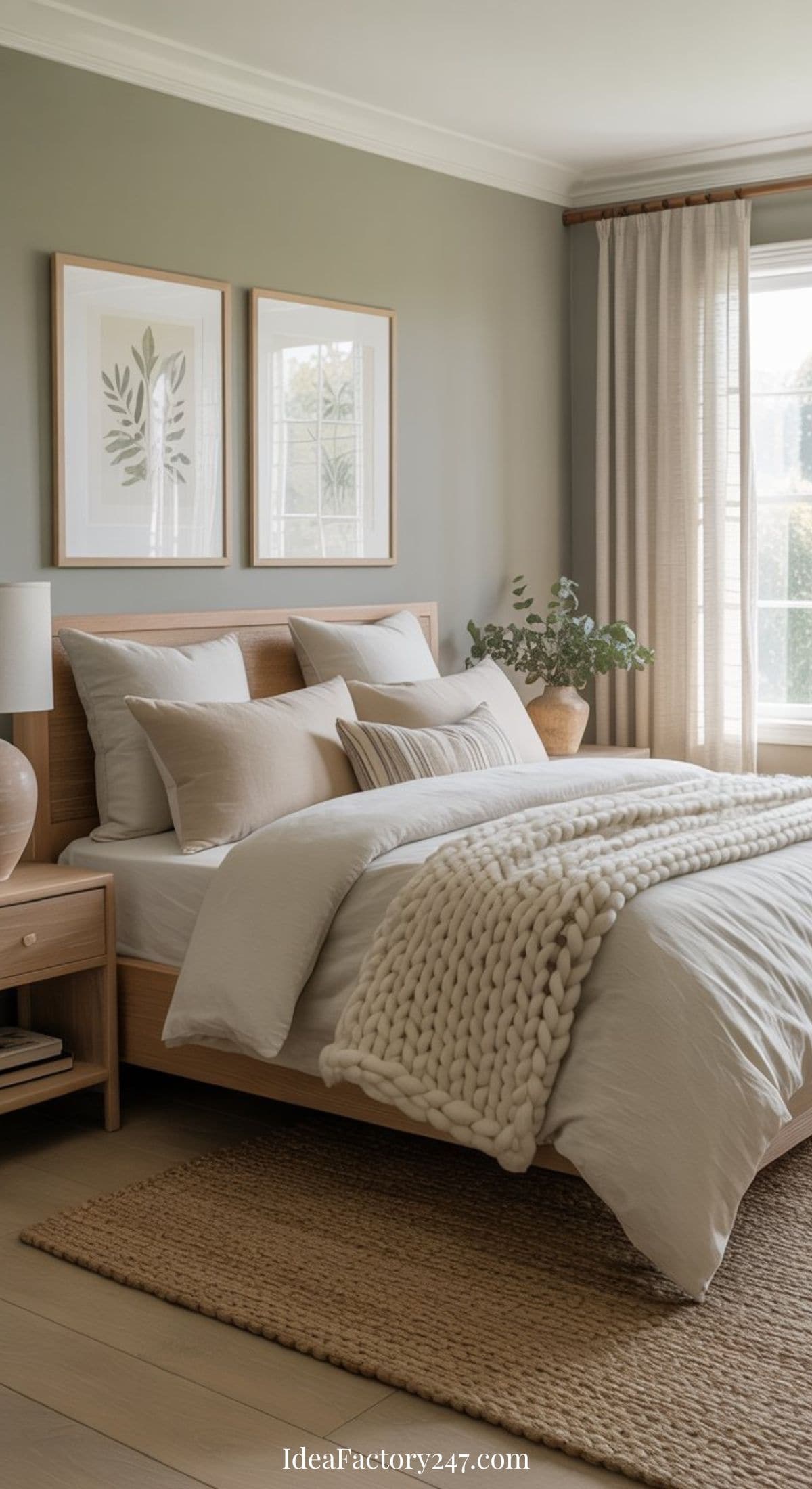 A cozy sage green bedroom featuring a wooden bed, neutral bedding, chunky knit blanket, woven rug, bedside table with lamp, potted plant, and framed botanical prints on a light green wall by a sunlit window with beige curtains.