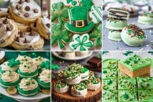 A collage of St. Patrick’s Day-themed desserts, featuring st patricks day cookies shaped like shamrocks and leprechaun hats, frosted cupcakes, chocolate-dipped treats, and green bar cookies topped with festive sprinkles.