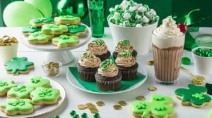 A festive table displays St. Patrick's Day treats—shamrock-shaped cookies, chocolate cupcakes with green and white sprinkles, a whipped cream-topped milkshake, and bowls of candy—all decorated in green for the celebration.