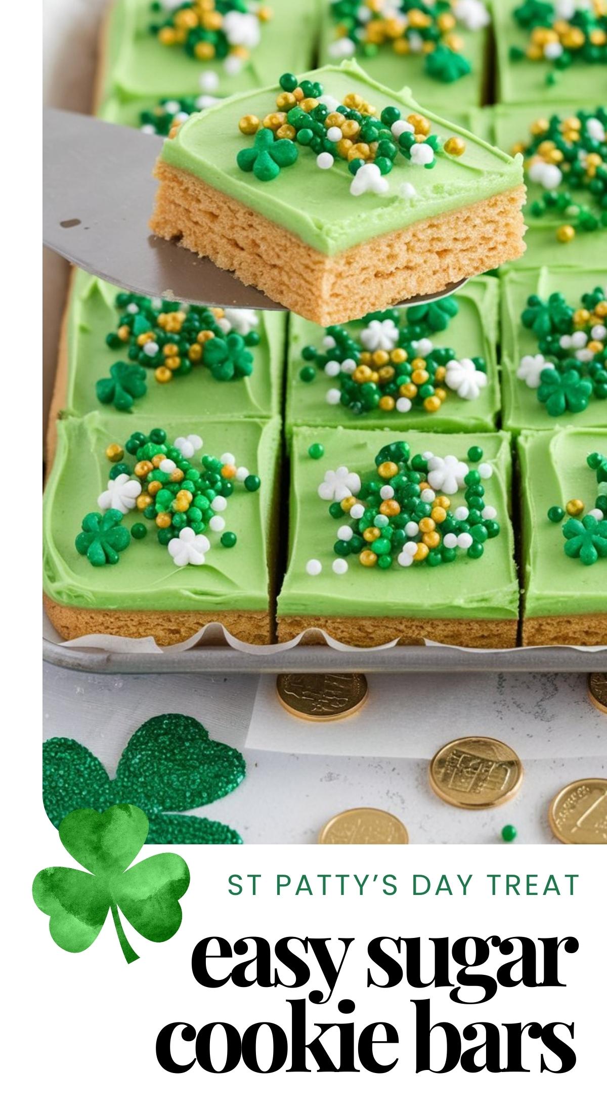 Celebrate St. Patrick’s Day with these festive and easy Sugar Cookie Bars topped with green frosting and sprinkles. A soft, chewy treat perfect for any holiday party.