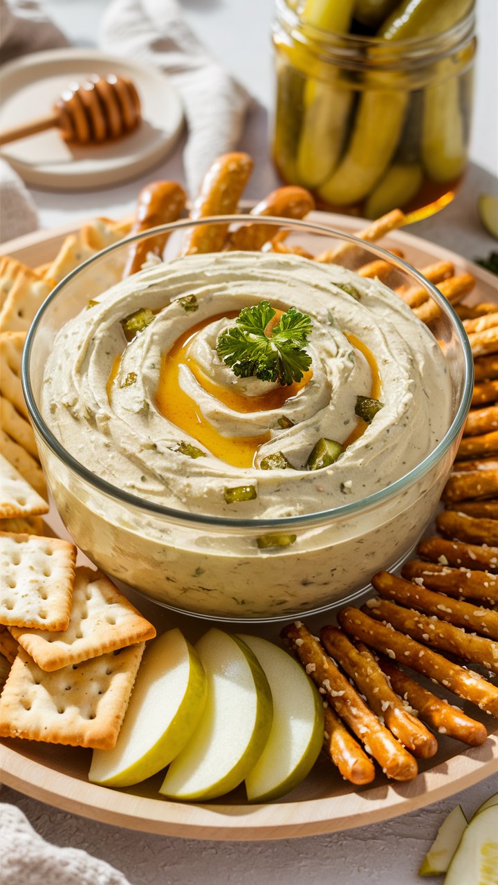 Creamy sweet and tangy pickle dip. The dip is topped with a drizzle of honey and a small sprig of fresh parsley for a pop of color. Surrounding the bowl are an array of dippers: buttery crackers, sliced green apples, and golden pretzel sticks arranged on a light wooden tray. A jar of sweet pickles and a honey dipper rest casually in the background, adding context to the setup. Soft, warm lighting enhances the golden hues of the honey and the fresh green tones of the pickles and apple slices, creating a cozy and appetizing scene.

Best pickle dips, easy to make ahead, pretzels and dip recipe