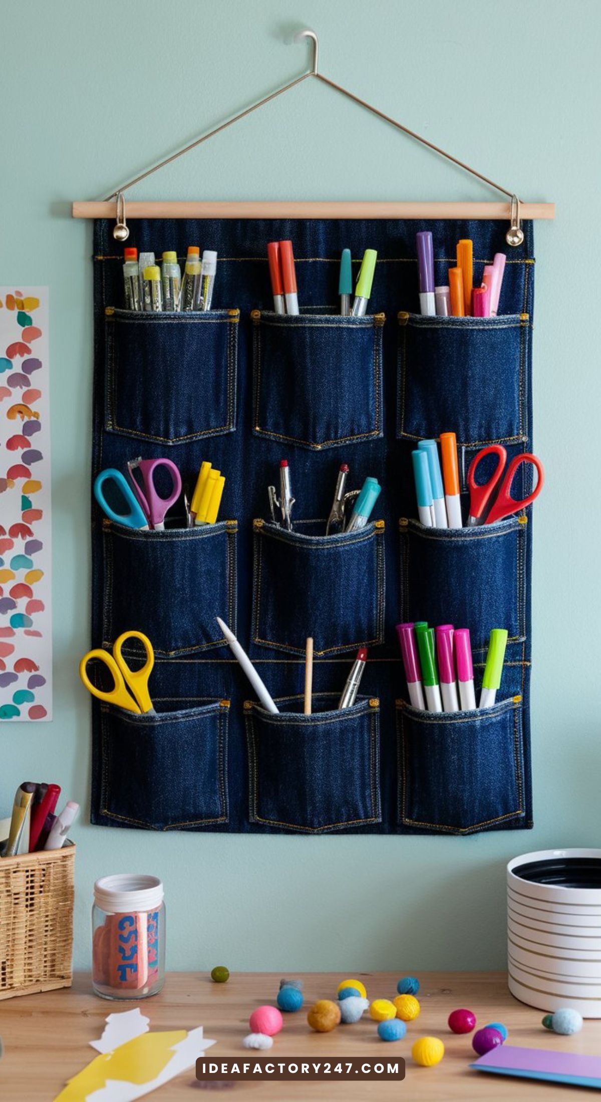 Denim pocket wall organizer.  Amazing upcycled craft project.