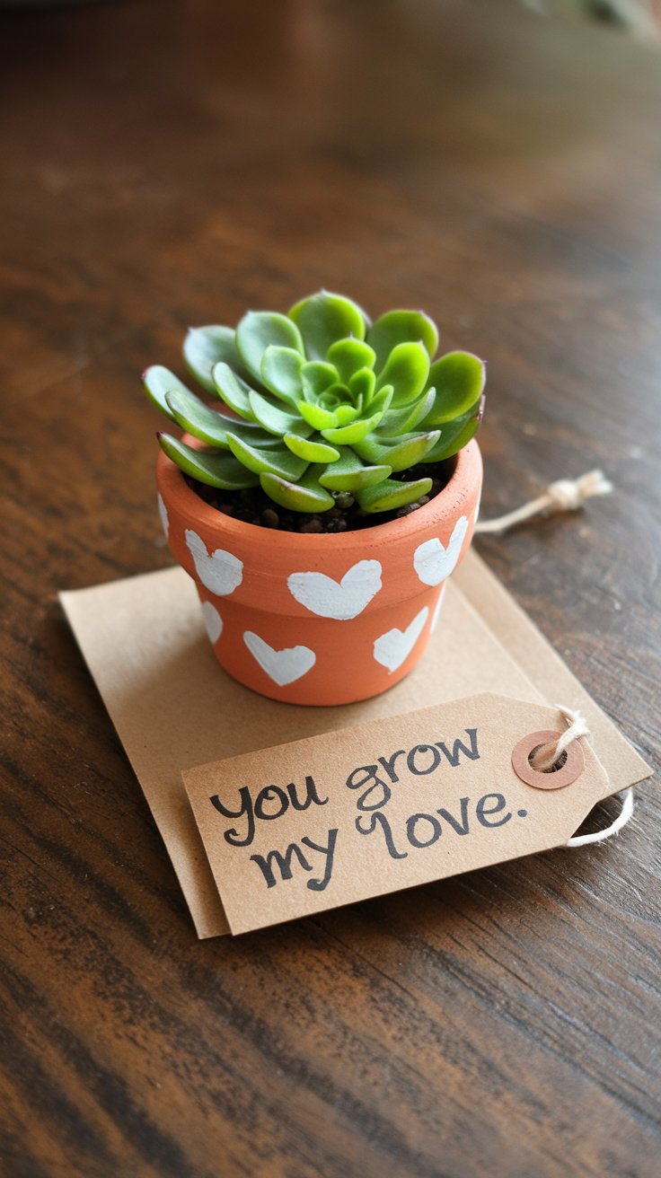 A tiny clay pot painted with hearts and filled with a vibrant green succulent. The pot sits on a kraft paper base with a handwritten tag that says, “You Grow My Love.”

Why They Sell:
Succulents are trendy, low-maintenance gifts that appeal to a wide range of customers. Their charm and longevity make them a thoughtful Valentine’s gift.