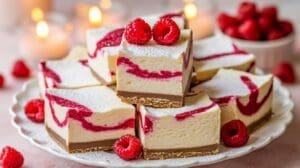 A plate of White Chocolate Raspberry Cheesecake Bars with a crumbly crust, creamy white filling, and swirls of raspberry sauce, topped with fresh raspberries and powdered sugar. Blurred candles and more raspberries are in the background.