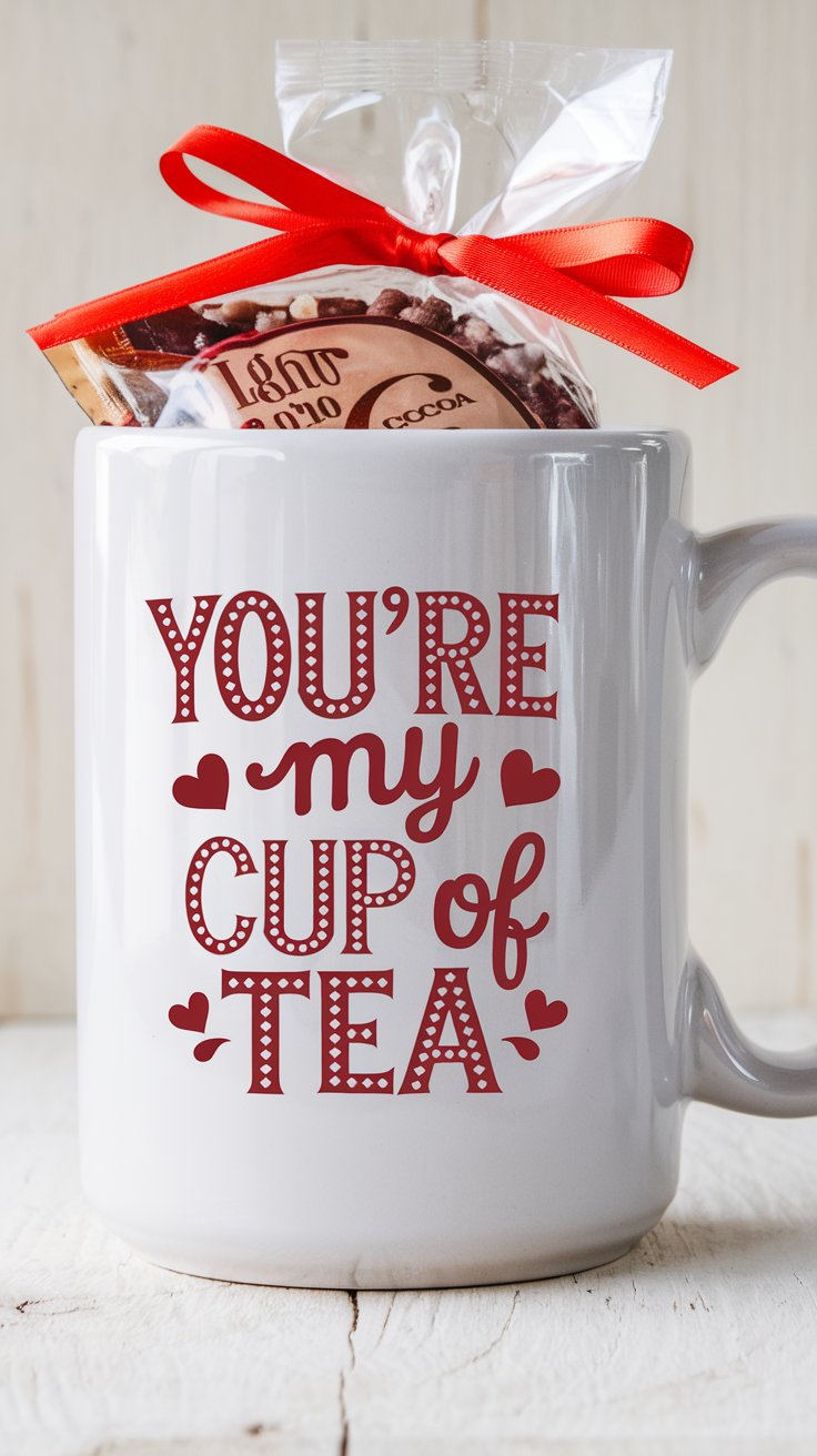 A glossy white mug with “You’re My Cup of Tea” printed in playful red lettering, accented with small hearts. The mug is paired with a packet of hot cocoa mix tied with a red ribbon.

Why They Sell:  Coffee mugs are practical and timeless gifts. Add Valentine’s-themed designs, and they become instant best-sellers for couples and friends alike.