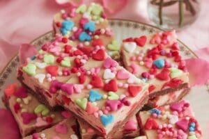 A plate of square pink frosted Valentine's Day Cookie Bars topped with colorful heart and round sprinkles, displayed on a decorative plate with pink rose petals—an easy recipe perfect for celebrating love.