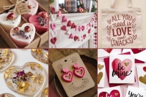 A collage of Valentine’s Day-themed items: heart-shaped candles, a pink and red felt heart garland, festive trinket trays, “be mine” cards, and more—perfect inspiration for Valentine’s Day crafts to make and sell.