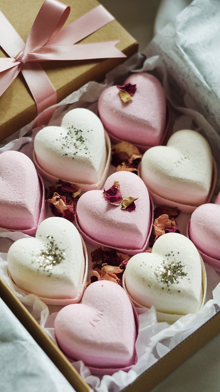 A tray of heart-shaped bath bombs in pastel pink and white, topped with dried rose petals and glitter. The bombs are nestled in tissue paper inside a festive box.

Why They Sell: Self-care products are a big hit, and bath bombs are a luxurious yet affordable gift. The Valentine’s Day theme makes them irresistible.