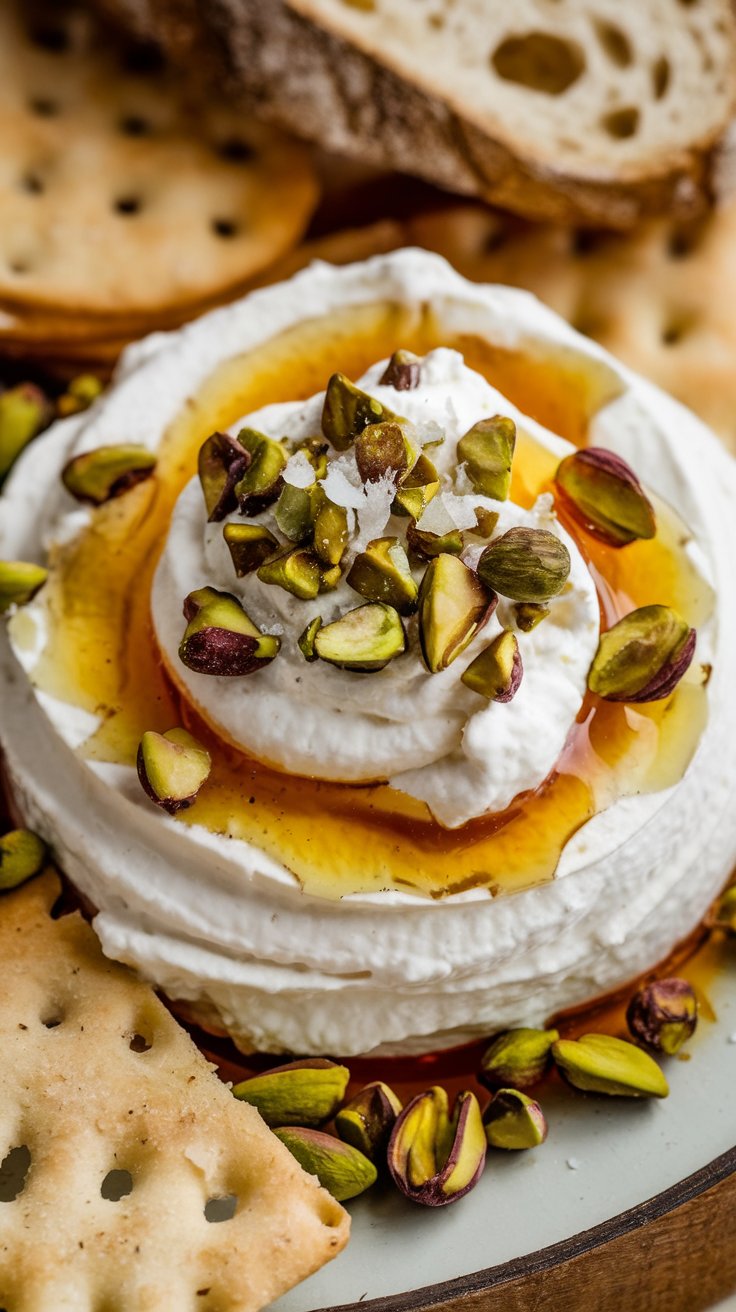 Whipped Ricotta with Honey and Pistachios Dip.  Light, airy ricotta is whipped with olive oil and a drizzle of honey, then topped with chopped pistachios and a sprinkle of sea salt. Serve with crusty bread or crisp crackers for a luxurious yet simple dip.

If you are looking for party dip ideas to serve with crackers, chips or bread, this is a great option and always a crowd pleaser.