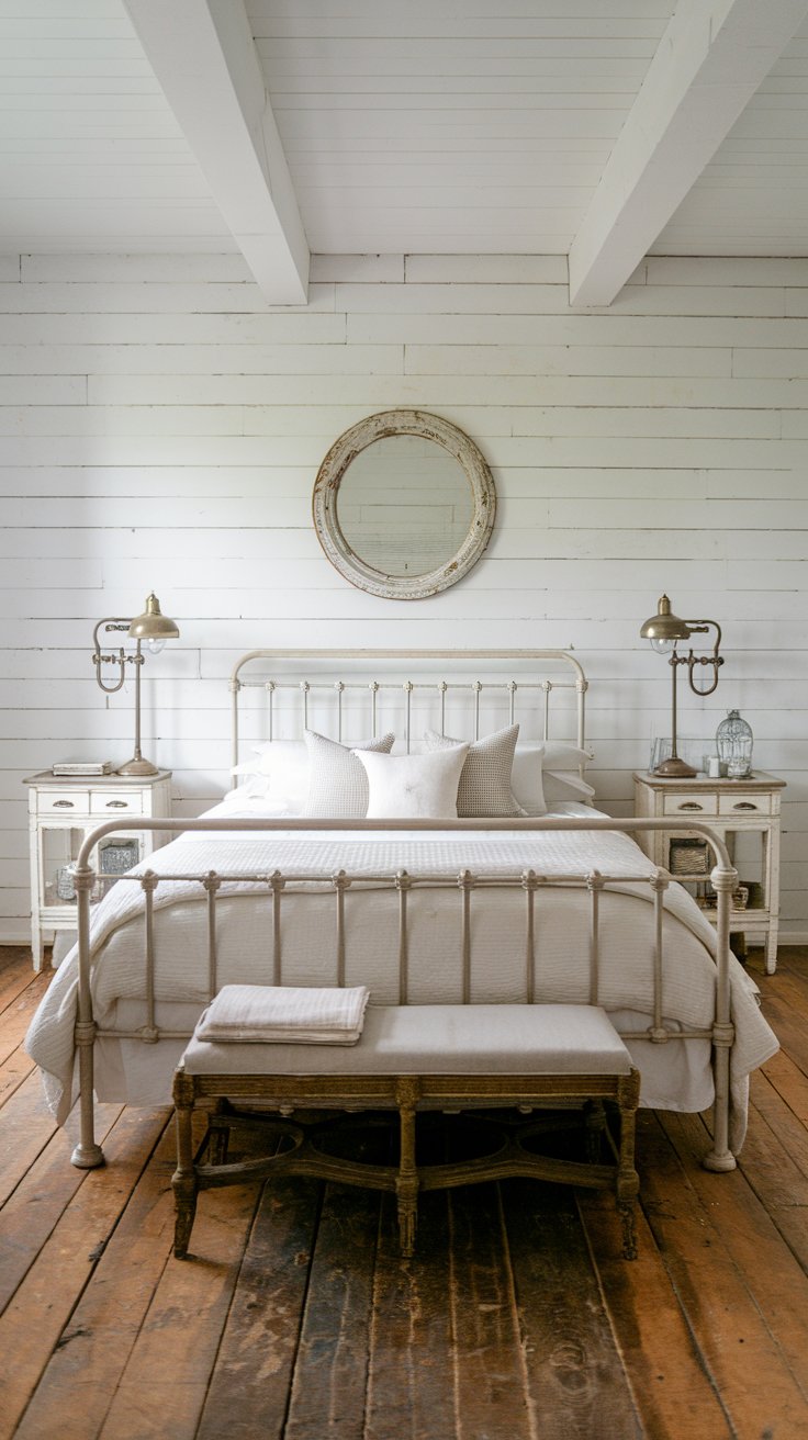 This modern farmhouse style bedroom boasts rustic hardwood flooring, an iron bed and vintage accessories throughout the space. We love the simple antique mirror above the bed, as it really adds a focal point and even more texture to this lovely white bedroom. If you are looking for a similar space or inspiration, be sure to search for white bedroom ideas, white bedroom walls, white bedroom with natural accents, creamy white decor, rustic white rooms, warm white bedroom and white bedroom aesthetic. We hope this helps re-create this amazing room in your home! 