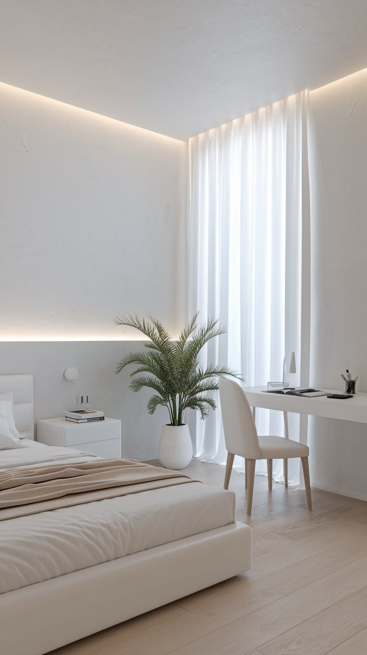 Modern white bedroom with soft white lighting.