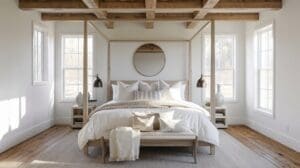 A bright, modern white bedroom features a wooden canopy bed with crisp white bedding, a round mirror above the headboard, two side tables with lamps, and exposed wooden ceiling beams. Sunlight streams through large windows.