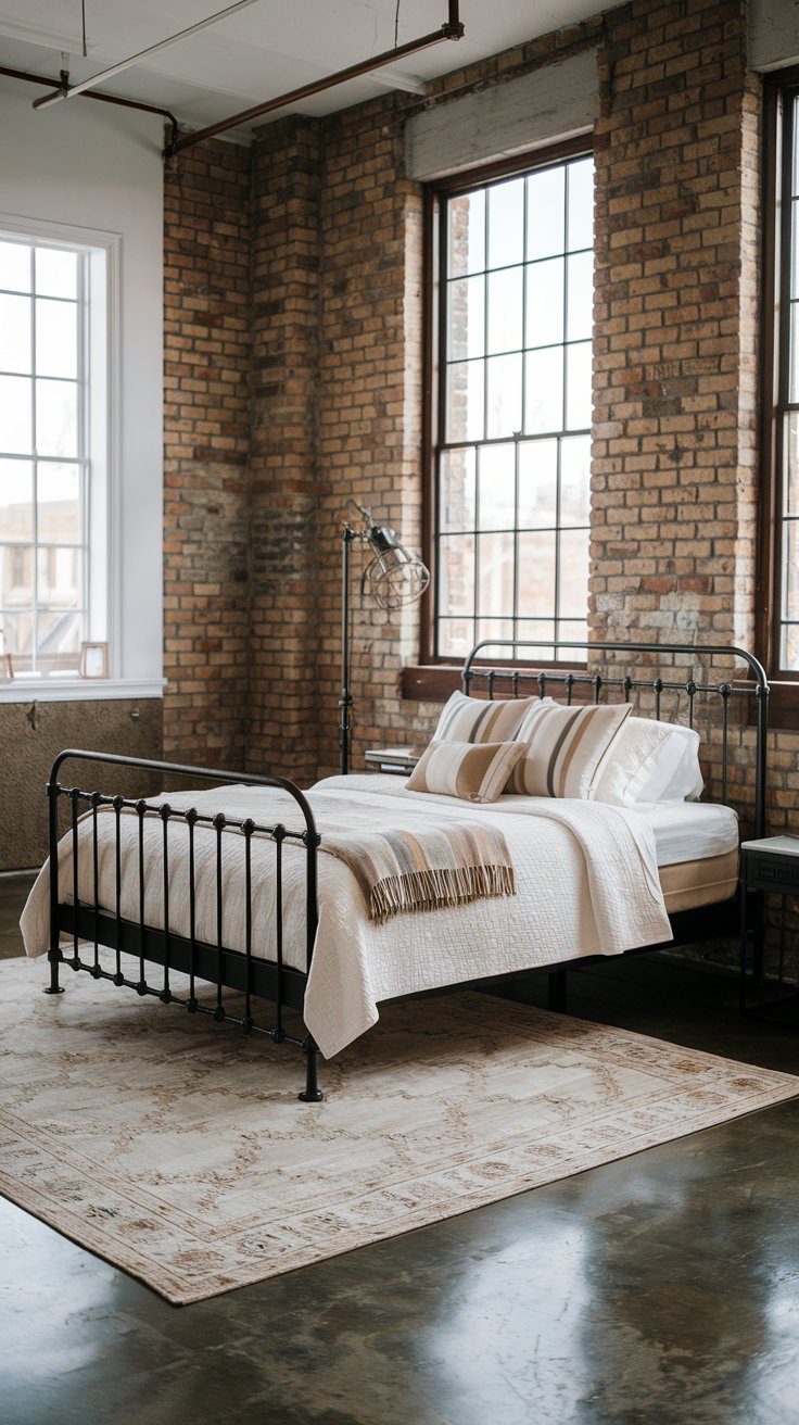 This cool industrial style loft bedroom proves that everything doesn't have to be white in the bedroom to be considered a "white bedroom."  The simple creamy white bedding really pops against the exposed brick walls. This room is perfect if you're looking for white bedroom ideas and white bedroom decor for your modern minimal bedroom. 

Also be sure to add modern white bedroom ideas, cream and white bedroom decor, warm white bedroom and beige and white bedroom design to your search list so you can recreate this space!