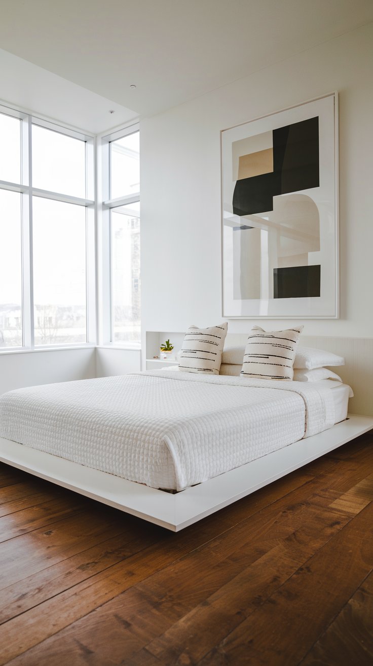 This is a classic example of a minimalist modern bedroom. Every piece has been chosen carefully and it shows!  We love the simple texture on the white bedding and the pop that the abstract art gives the room.

To recreate this beauty, research white on white bedrooms, minimal modern bedroom design,  white bedroom aesthetic, white bedroom walls, and minimalist bedroom design ideas.