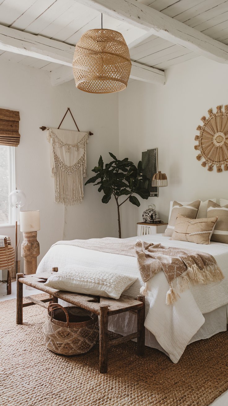 This white boho bedroom is part of our 33 White Bedroom Ideas & Inspiration board. White we love a creamy white bedroom, bringing nature indoors can make the space feel fresh and inviting. 

Using plants and natural materials, like woven baskets and wooden furniture, adds warmth to a boho chic bedroom. Also look for creamy white bedding, white bedroom wall colors, beige and white bedroom ideas.