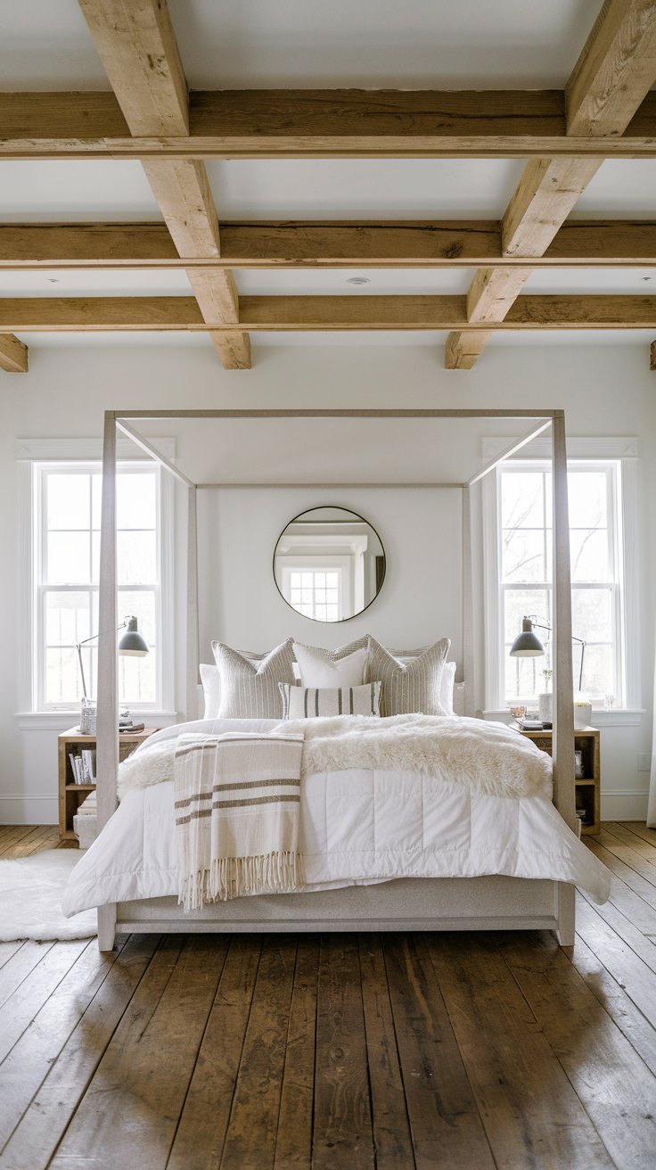 Looking for white bedroom ideas? This bedroom perfectly blends rustic charm with modern simplicity. The warm wooden elements add a cozy touch while the clean lines keep it chic and minimal. It's an ideal spot for anyone looking to create a white bedroom aesthetic, white bedroom decor, Beige Bedroom Ideas, creamy white bedroom, and neutral white bedroom ideas.