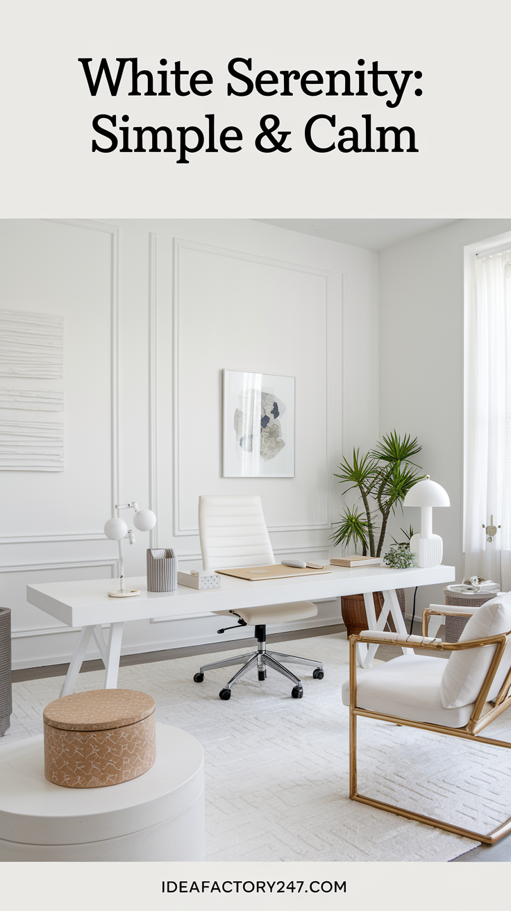 An all-white neutral home office exudes tranquility and simplicity. Subtle variations in texture and material prevent the space from feeling stark, creating a serene and productive environment.