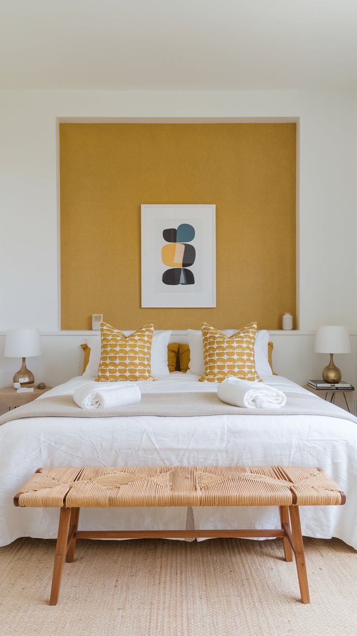 A bright bedroom with one golden-yellow accent wall behind a modern white bed frame. The bed is styled with neutral linens and a few yellow pillows, while a wooden bench sits at the foot of the bed, adding texture and warmth.