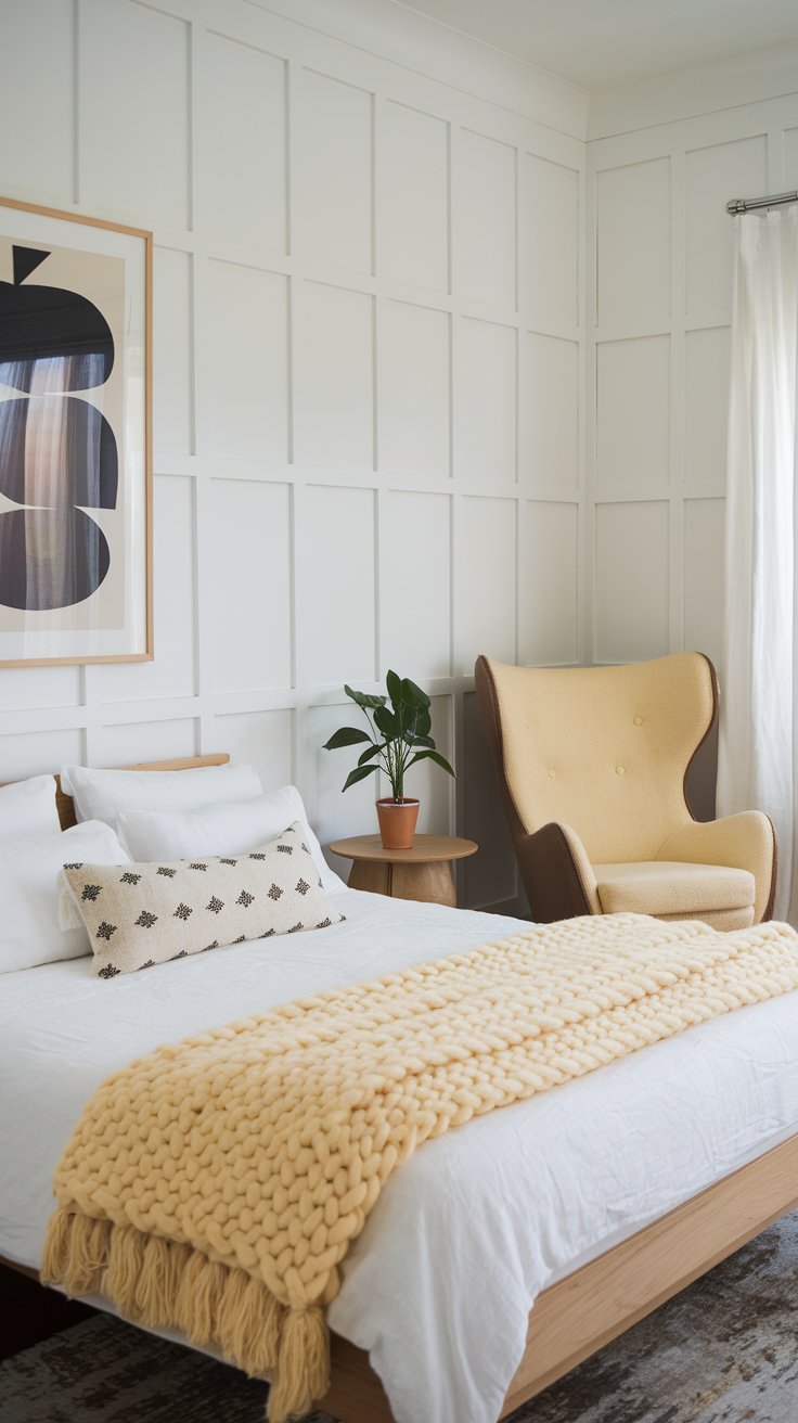 A minimalist Scandinavian bedroom with white walls and a pale yellow accent chair in the corner. A modern bed with white linens is accented with a soft yellow throw and a single potted plant sitting on a wooden side table.