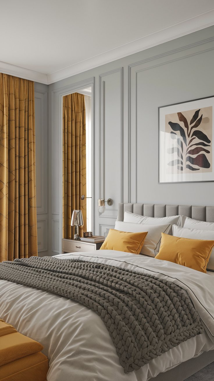 Pairing yellow with gray creates a chic and contemporary space. The cheerful warmth of yellow is perfectly balanced by the calm, grounding effect of gray tones, making this a versatile bedroom design.