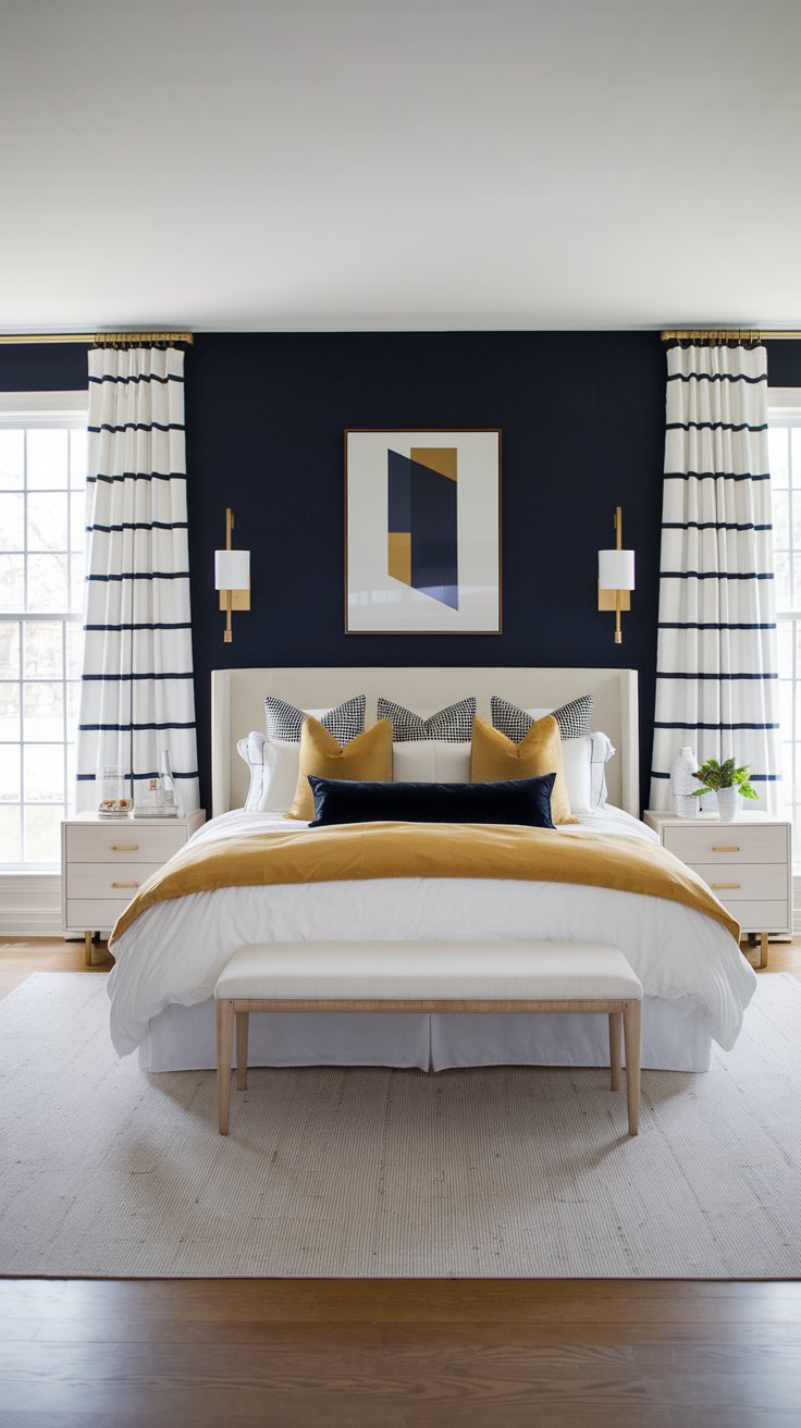 A bold bedroom with a navy blue accent wall behind a bed dressed in yellow linens. Navy curtains frame a window, while gold sconces and light wood furniture add brightness and balance to the striking color palette.