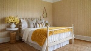 A cozy yellow bedroom idea featuring a white bed, yellow knit blanket, patterned pillows, yellow floral arrangement on a round side table, woven rug, and yellow-patterned wallpaper. A round mirror hangs above the bed for added charm.