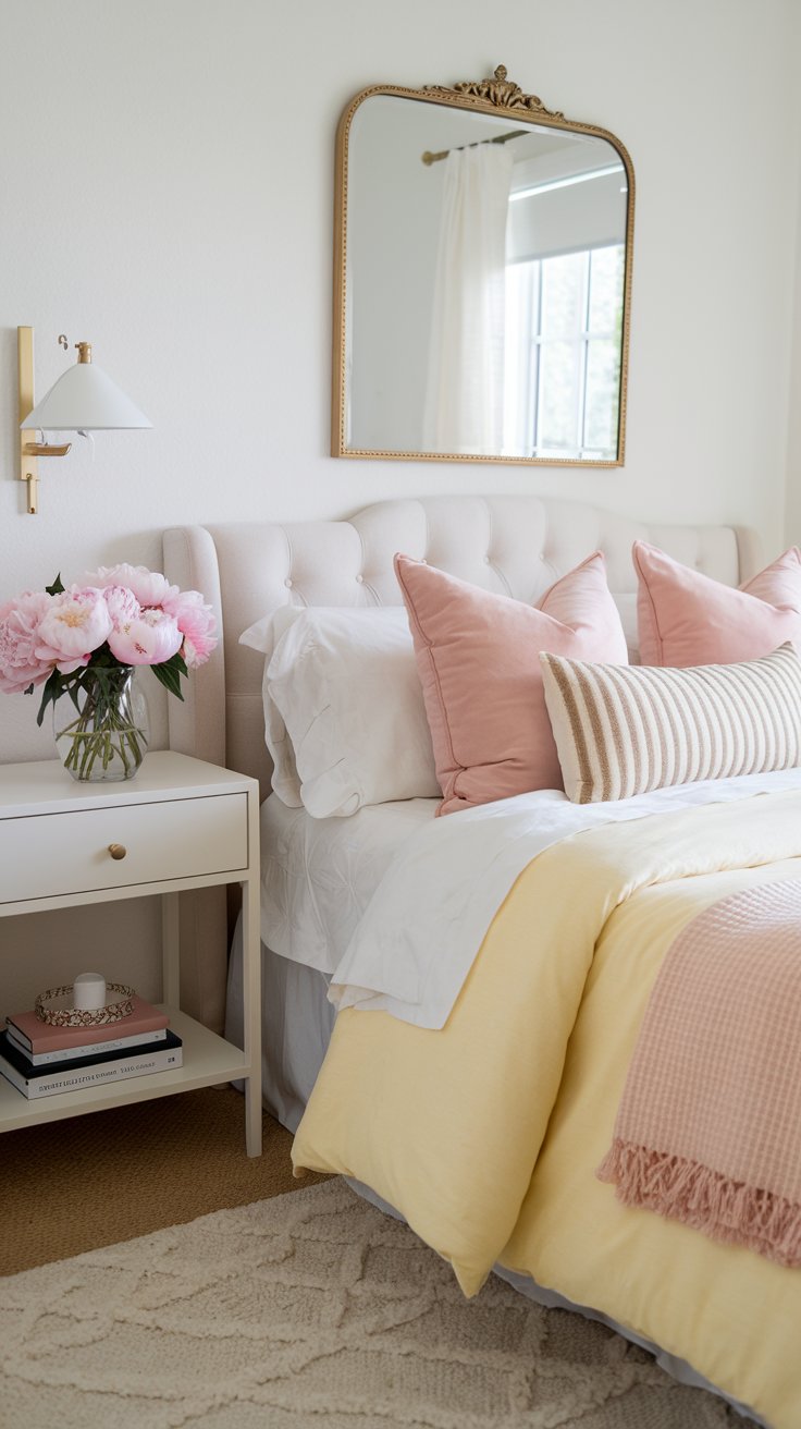 A light and airy bedroom featuring a soft yellow comforter paired with blush pink throw pillows. A gold-framed mirror hangs above the bed, while a white nightstand holds a vase of pink peonies, adding an elegant and romantic touch.