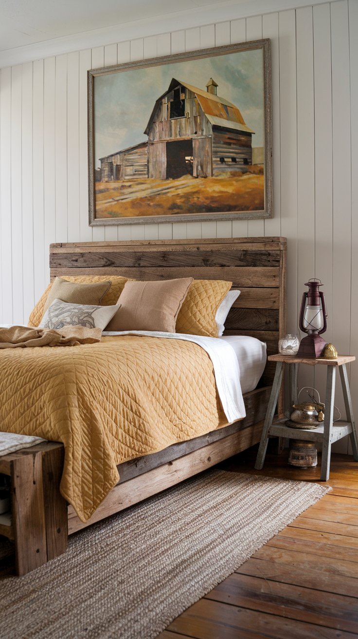 A rustic farmhouse bedroom featuring a reclaimed wood bed frame and golden yellow quilt. A jute rug sits beneath the bed, and a vintage lantern rests on the bedside table. Burlap cushions and an antique clock complete the cozy farmhouse look.