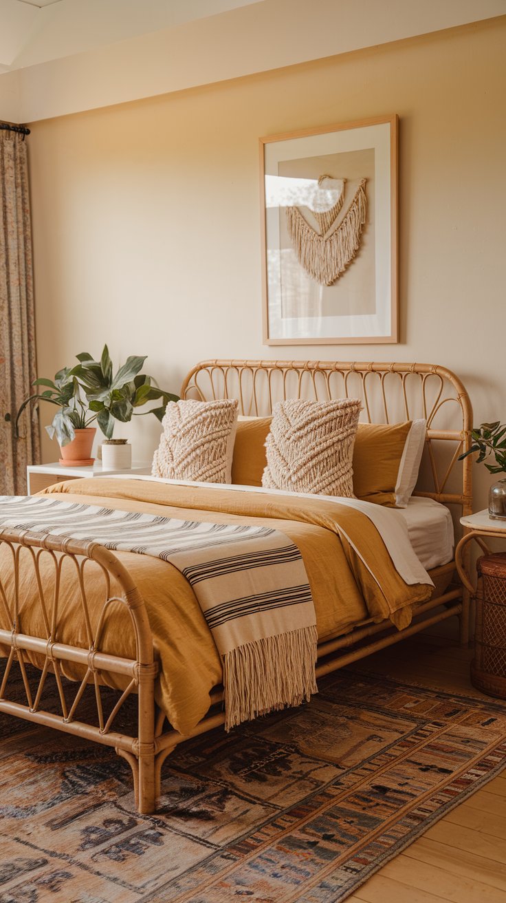 Mustard yellow paired with bohemian accents creates a cozy, laid-back bedroom vibe. Layered textures, woven details, and pops of earthy tones make this space warm and inviting.